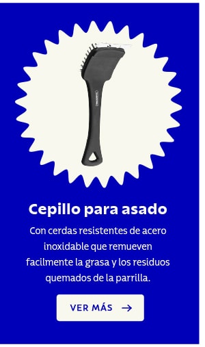 Cepillo para asado Con cerdas resistentes de acero inoxidable que remueven facilmente la grasa y los residuos quemados de la parrilla. VER MÁS ➔